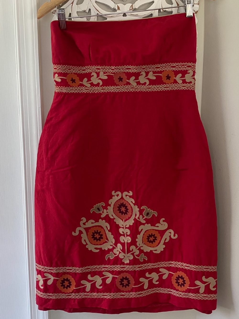 Vintage Yves Cossette Depeche Mode Strapless Linen Blend Embroidered Dress 10